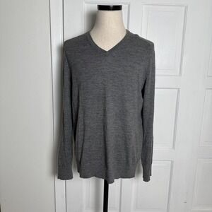 Express Sweater Mens Large Gray V Neck Merino Wool Blend Lightweight Pullover
